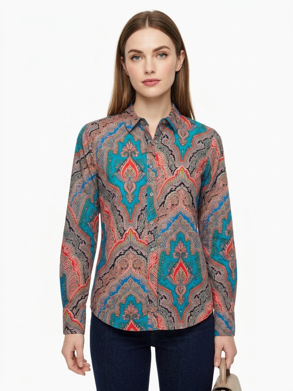 J.Crew Women’s Paisley Print Button-Up Colorful Shirt Aqua Green Red Sz 8 Cotto